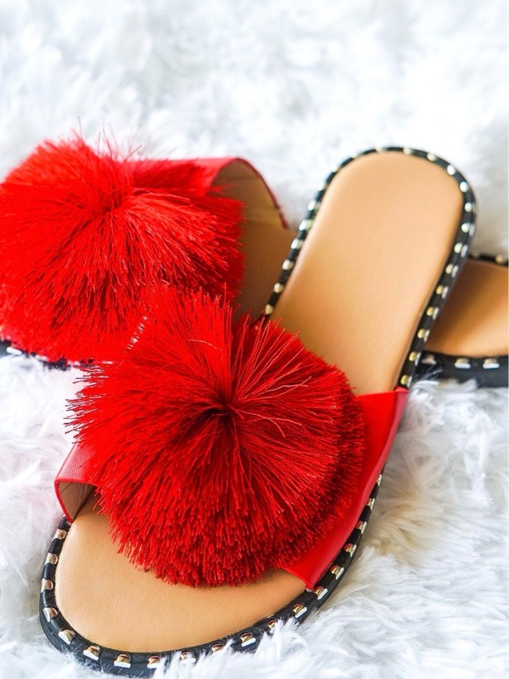 Women’s Red Pom-Pom Sandals - Size 7 (Brand New)